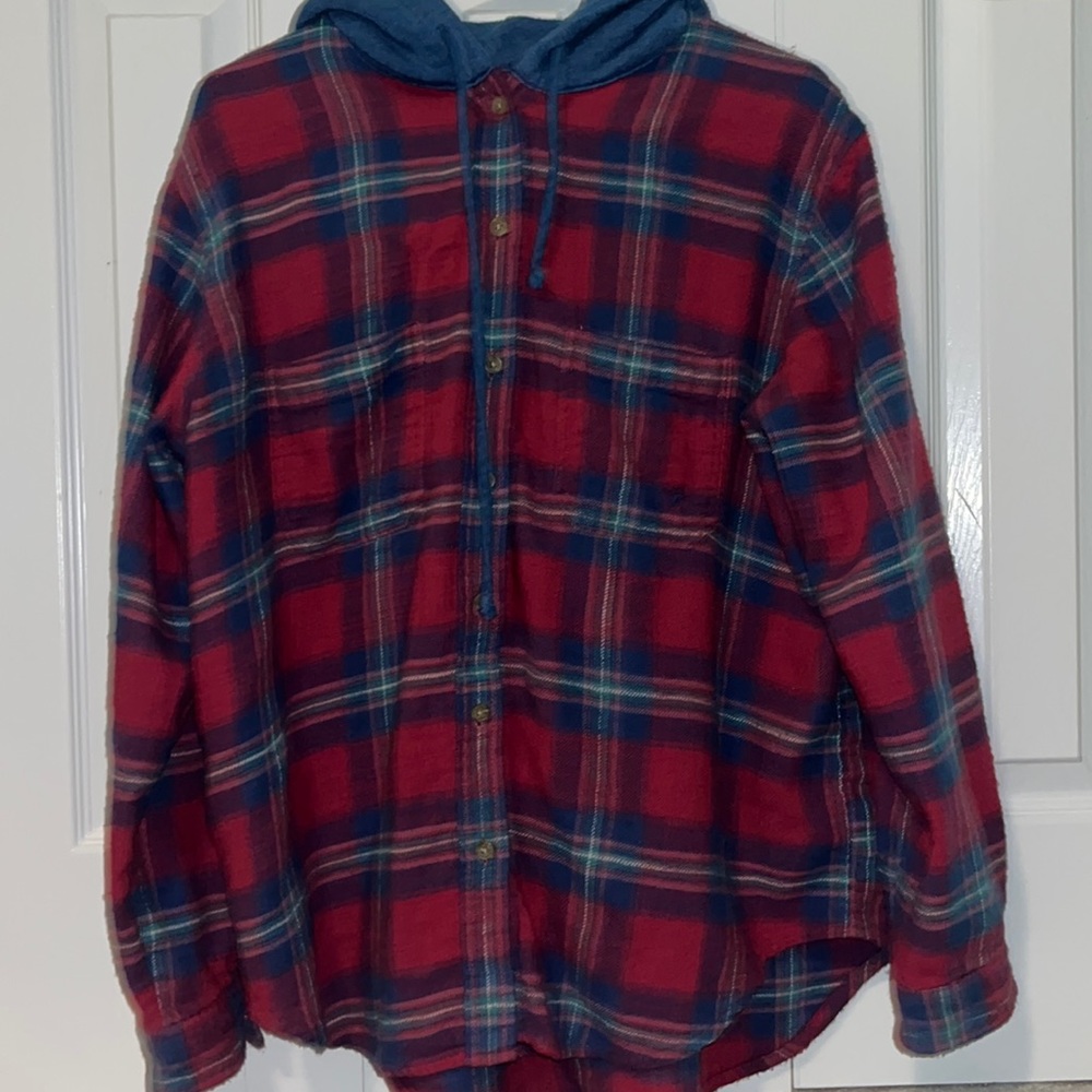 american eagle red/blue hoodie flannel - size M